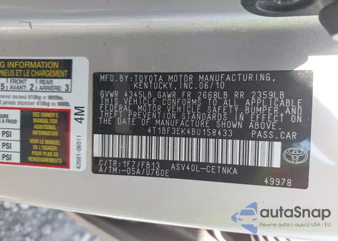 2011 Toyota Camry Le z USA, uszkodzony, nr VIN 4T1BF3EK4BU158433